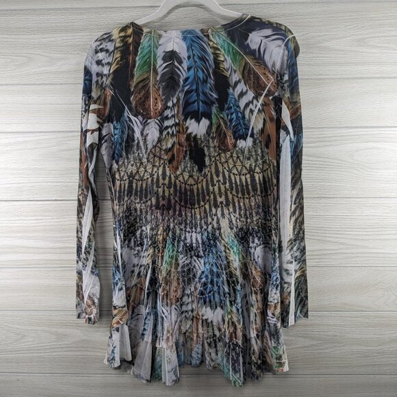 Sheer Sleeve Bling Feather Print Long Sleeve Top - Picture 7 of 11